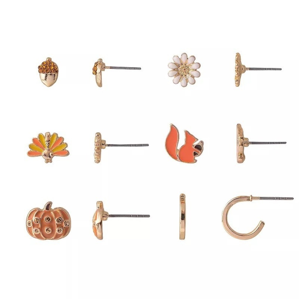 Fall Stud Earrings 6 Pair Set Turkey Acorn Squirrel Gold NWT